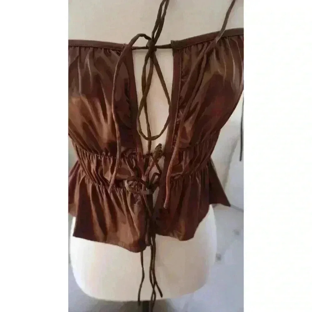 Tic Toc Women's Satin Brown Tie-Front Bustier Top, Size L - Picture 2 of 13